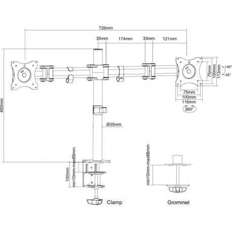 Neomounts by Newstar Select NM-D135D - Mounting kit - for 2 LCD displays (full-motion) - white - screen size: 10"-27" - clamp mountable, grommet, desk-mountable - 4