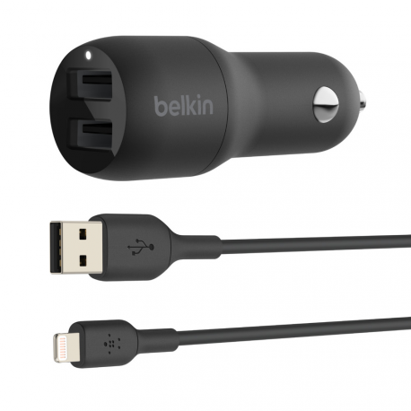Belkin BOOST CHARGE Dual Charger - Car power adapter - 24 Watt - 4.8 A - 2 output connectors (USB) - on cable: Lightning - black - 0