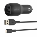 Belkin BOOST CHARGE Dual Charger - Car power adapter - 24 Watt - 4.8 A - 2 output connectors (USB) - on cable: Lightning - black