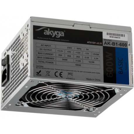 Akyga Basic Series AK-B1-600 - Power supply (internal) - ATX12V 2.31 - AC 230 V - 600 Watt - PFC - grey - 1