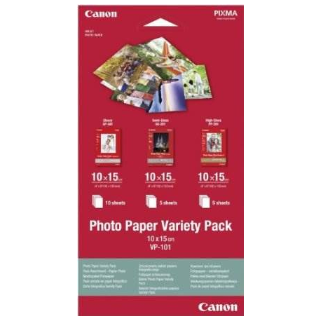 Canon Variety Pack VP-101 - 100 x 150 mm 15 sheet(s) photo paper kit - for PIXMA MG2550, MG3550, MG3650, MG5750, MG5751, MG6450, MG6850, MG7150, MG7750, MG7751 - 2