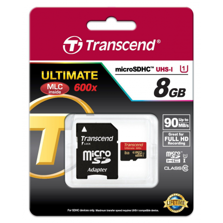 Transcend Ultimate - Flash memory card (microSDHC to SD adapter included) - 8 GB - UHS Class 1 / Class10 - 600x - microSDHC UHS-I - 2