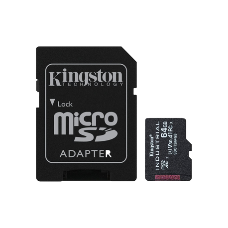 Kingston Industrial - Flash memory card (microSDXC to SD adapter included) - 64 GB - A1 / Video Class V30 / UHS-I U3 / Class10 - microSDXC UHS-I - 0