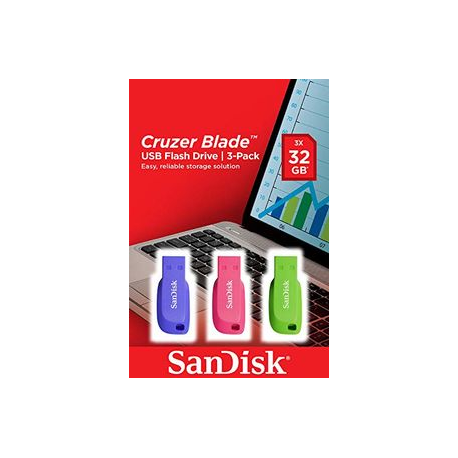 SanDisk Cruzer Blade - USB flash drive - 32 GB - USB 2.0 - blue, green, pink (pack of 3) - 0