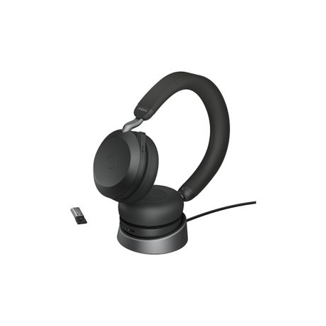 Jabra Evolve2 75 - Headset - on-ear - Bluetooth - wireless, wired - active noise cancelling - USB-A - noise isolating - black - with charging stand - Optimised for UC - 3