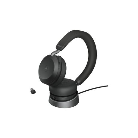 Jabra Evolve2 75 - Headset - on-ear - Bluetooth - wireless, wired - active noise cancelling - USB-C - noise isolating - black - with charging stand - Certified for Microsoft Teams - 3