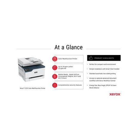 Xerox C235 - Multifunction printer - colour - laser - Legal (216 x 356 mm) (original) - A4 / Legal (media) - up to 22 ppm (printing) - 250 sheets - 33.6 Kbps - USB 2.0, LAN, Wi-Fi(n), USB 2.0 host - 7