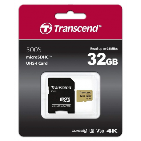 Transcend 500S - Flash memory card (microSDHC to SD adapter included) - 32 GB - Video Class V30 / UHS-I U3 / Class10 - microSDHC - 1
