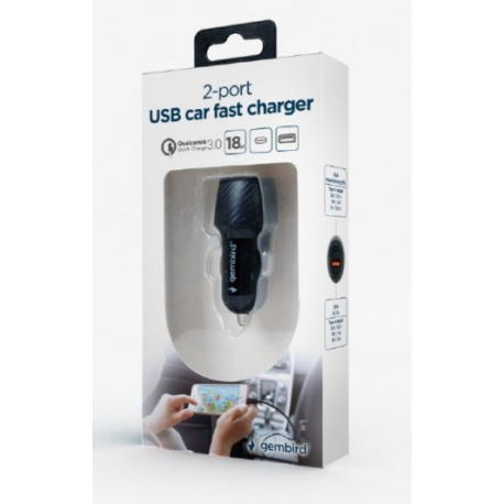 Gembird - Car power adapter - 18 Watt - 3 A - PD, QC 3.0 - 2 output connectors (USB, USB-C) - black - 4