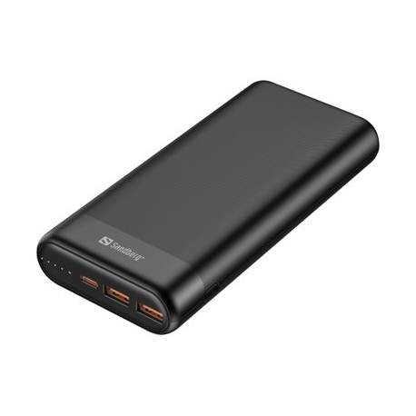 Sandberg - Power bank - 20000 mAh - 74.4 Wh - 3.25 A - PD, QC 3.0 - 3 output connectors (2 x USB, USB-C) - on cable: USB-C - 0