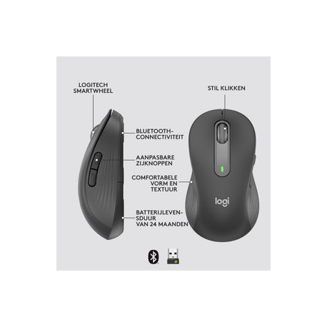 Logitech Signature M650 L - Mouse - large size - left-handed - optical - 5 buttons - wireless - Bluetooth, 2.4 GHz - Logitech Logi Bolt USB receiver - graphite - 10