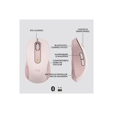 Logitech Signature M650 - Mouse - optical - 5 buttons - wireless - Bluetooth, 2.4 GHz - Logitech Logi Bolt USB receiver - rose - 10