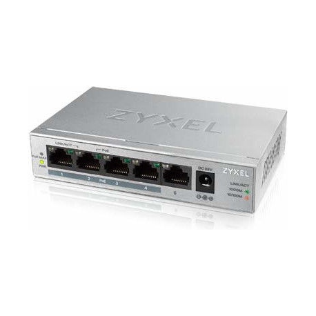 Zyxel GS1005HP - Switch - unmanaged - 4 x 10 / 100 / 1000 (PoE+) + 1 x 10 / 100 / 1000 - desktop, wall-mountable - PoE (60 W) - 5