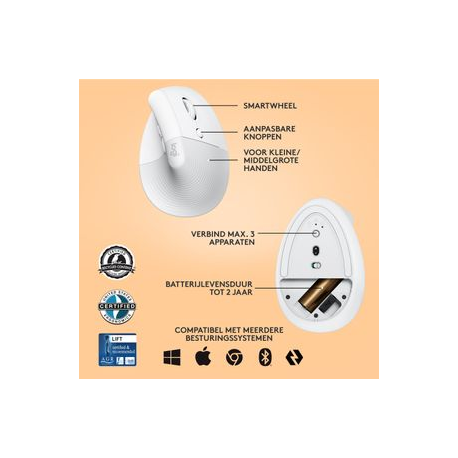 Logitech Lift Vertical Ergonomic Mouse - Vertical mouse - ergonomic - optical - 6 buttons - wireless - Bluetooth, 2.4 GHz - Logitech Logi Bolt USB receiver - off-white - 5