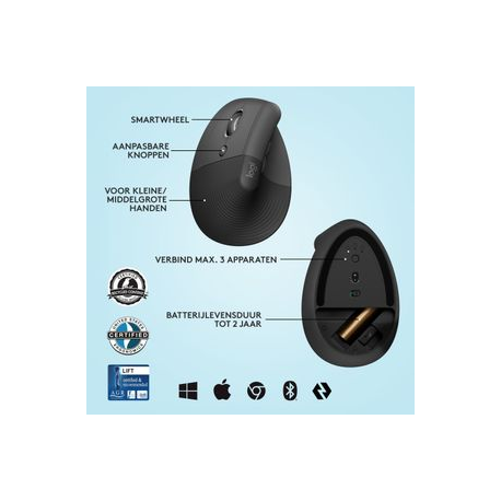 Logitech Lift Vertical Ergonomic Mouse - Vertical mouse - ergonomic - left-handed - optical - 6 buttons - wireless - Bluetooth, 2.4 GHz - Logitech Logi Bolt USB receiver - graphite - 5