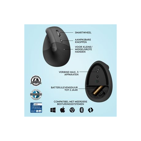 Logitech Lift Vertical Ergonomic Mouse - Vertical mouse - ergonomic - optical - 6 buttons - wireless - Bluetooth, 2.4 GHz - Logitech Logi Bolt USB receiver - graphite - 5
