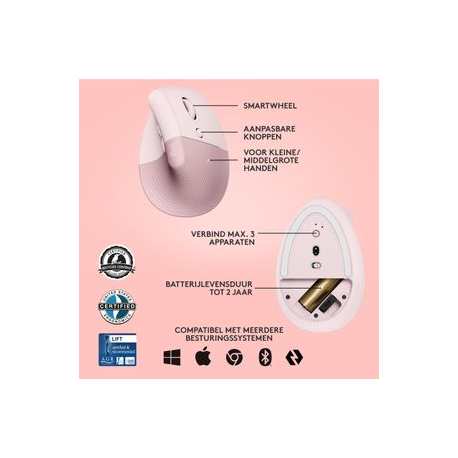 Logitech Lift Vertical Ergonomic Mouse - Vertical mouse - ergonomic - optical - 6 buttons - wireless - Bluetooth, 2.4 GHz - Logitech Logi Bolt USB receiver - rose - 5
