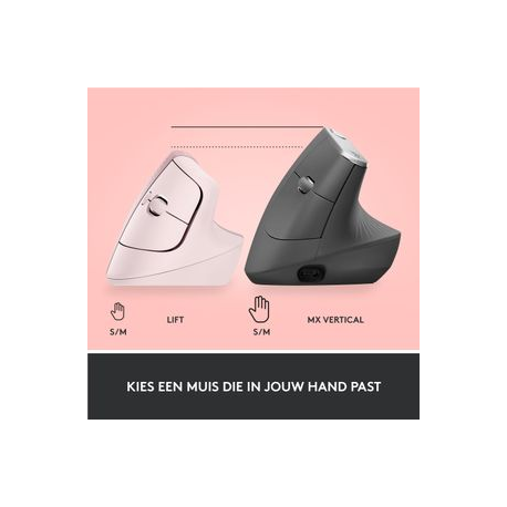 Logitech Lift Vertical Ergonomic Mouse - Vertical mouse - ergonomic - optical - 6 buttons - wireless - Bluetooth, 2.4 GHz - Logitech Logi Bolt USB receiver - rose - 7