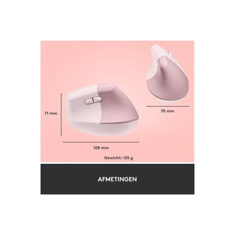 Logitech Lift Vertical Ergonomic Mouse - Vertical mouse - ergonomic - optical - 6 buttons - wireless - Bluetooth, 2.4 GHz - Logitech Logi Bolt USB receiver - rose - 9