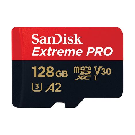 SanDisk Extreme Pro - Flash memory card (microSDXC to SD adapter included) - 128 GB - A2  /  Video Class V30  /  UHS-I U3  /  Class10 - microSDXC UHS-I - 0