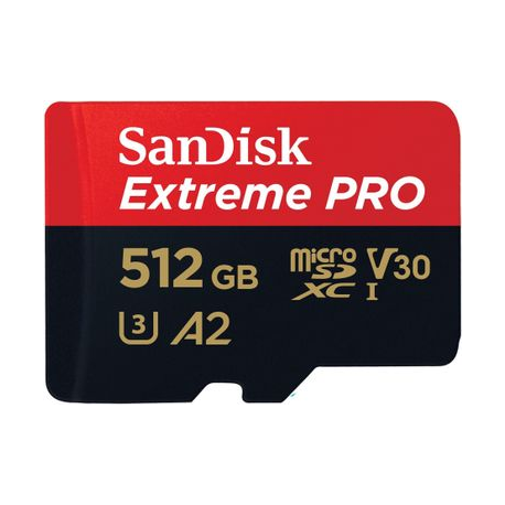SanDisk Extreme Pro - Flash memory card (microSDXC to SD adapter included) - 512 GB - A2  /  Video Class V30  /  UHS-I U3  /  Class10 - microSDXC UHS-I - 0