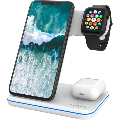 Canyon WS-303 - Wireless charging stand - 3-in-1 - 15 Watt - 2.7 A - Fast Charge - white - 0