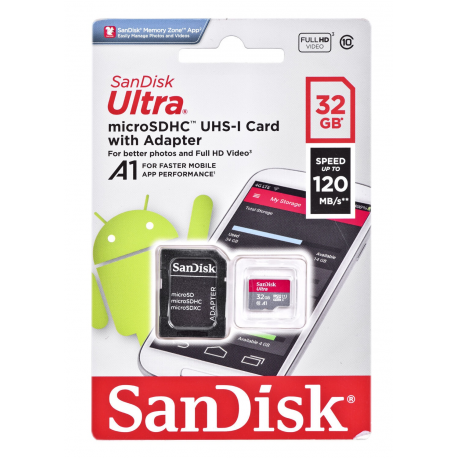 SanDisk Ultra - Flash memory card (microSDHC to SD adapter included) - 32 GB - A1 / UHS-I U1 / Class10 - microSDHC UHS-I - 3