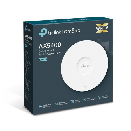 TP-Link Omada EAP670 V1.26 - Radio access point - Wi-Fi 6 - 2.4 GHz, 5 GHz - cloud-managed - wall / ceiling mountable - for Omada OC200, OC300; Omada Cloud Controller OC200 - 11