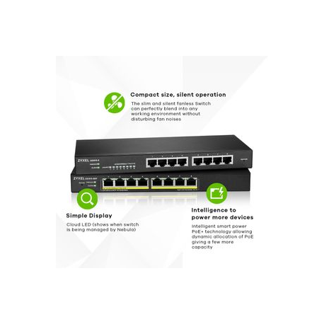 Zyxel GS1915 Series GS1915-8 - Switch - NebulaFLEX Compatible - smart - 8 x 10 / 100 / 1000 - desktop, wall-mountable - 3