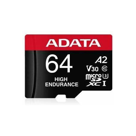 ADATA High Endurance - Flash memory card (microSDXC to SD adapter included) - 64 GB - A2 / Video Class V30 / UHS-I U3 / Class10 - microSDXC UHS-I - 0