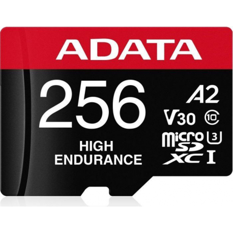 ADATA High Endurance - Flash memory card (microSDXC to SD adapter included) - 256 GB - A2 / Video Class V30 / UHS-I U3 / Class10 - microSDXC UHS-I - 2