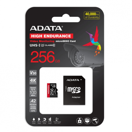 ADATA High Endurance - Flash memory card (microSDXC to SD adapter included) - 256 GB - A2 / Video Class V30 / UHS-I U3 / Class10 - microSDXC UHS-I - 7