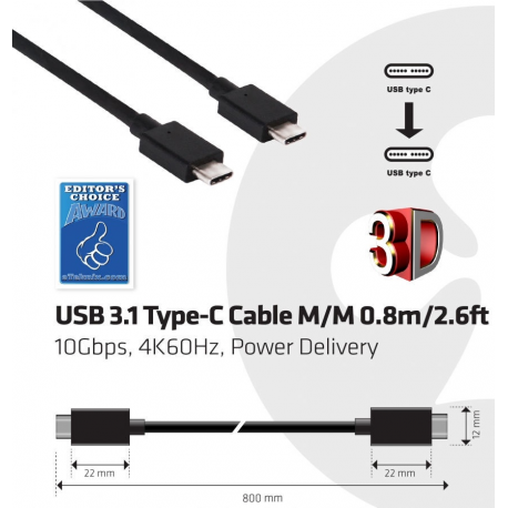 Club 3D CAC-1522 - USB cable - USB-C (M) to USB-C (M) - USB 3.1 Gen 2 - 80 cm - reversible C connector - 3