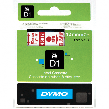 DYMO D1 - Self-adhesive - red on transparent - Roll (1.2 cm x 7 m) 1 cassette(s) label tape - for LabelMANAGER 160, 210D, 210D Kit, 210D Kit Case, 280, 360D, 420P, 420P Kit, 500TS, PnP - 0