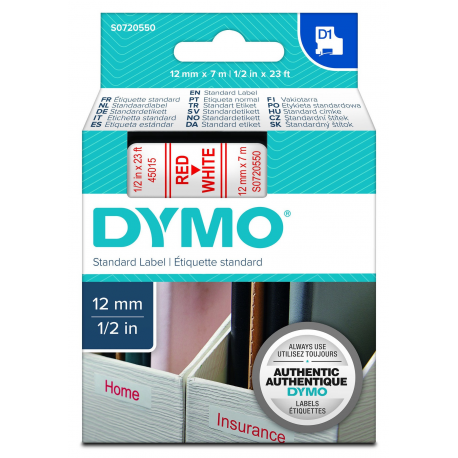DYMO D1 - Self-adhesive - red on white - Roll (1.2 cm x 7 m) 1 cassette(s) label tape - for LabelMANAGER 100, 160, 210, 220, 260, 280, 300, 360, 420, Wireless PnP; LabelPOINT 250 - 0