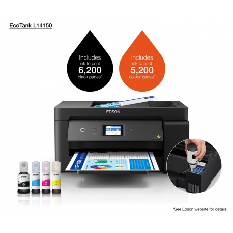 Epson EcoTank L14150 - Multifunction printer - colour - ink-jet - 297 x 432 mm (original) - A3 (media) - up to 17 ppm (printing) - 250 sheets - 33.6 Kbps - USB, LAN, Wi-Fi(n) - 8