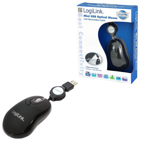 LogiLink Mini with retractable cable - Mouse - right and left-handed - optical - 3 buttons - wired - USB - 1