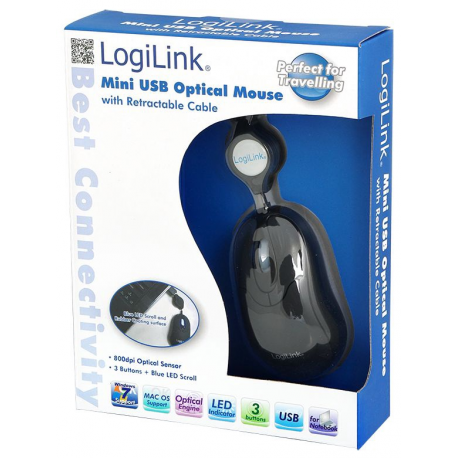 LogiLink Mini with retractable cable - Mouse - right and left-handed - optical - 3 buttons - wired - USB - 2