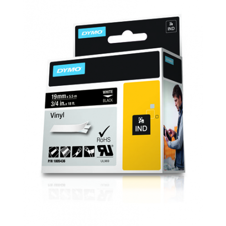 DYMO Rhino Coloured Vinyl - Vinyl - permanent adhesive - white on black - Roll (1.9 cm x 5.5 m) 1 cassette(s) tape - for DYMO ILP219; Rhino 4200, 5000, 5200, 6000; RhinoPRO 3000, 5000, 6000, 6500 - 1