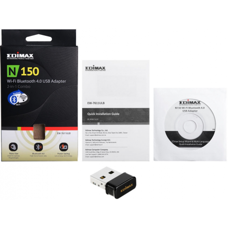 Edimax EW-7611ULB 2-in-1 N150 Wi-Fi & Bluetooth 4.0 Nano USB Adapter - Network adapter - USB 2.0 - 802.11b/g/n, Bluetooth 3.0 HS, Bluetooth 4.0 - 6