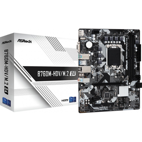 ASRock B760M-HDV / M.2 D4 - Motherboard - micro ATX - LGA1700 Socket - B760 Chipset - USB-C 3.2 Gen 1, USB 3.2 Gen 1 - Gigabit LAN - onboard graphics (CPU required) - HD Audio (8-channel) - 0