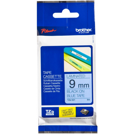 Brother TZe-521 - Black on blue - Roll (0.9 cm x 8 m) 1 cassette(s) laminated tape - for Brother PT-D210, D600, H110, H200; P-Touch PT-1005, E110, H107; P-Touch Cube Plus PT-P710 - 1