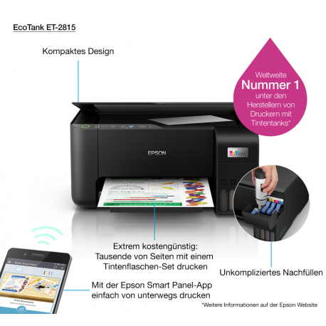 Epson EcoTank ET-2815 - Multifunction printer - colour - ink-jet - refillable - A4 (media) - up to 10 ppm (printing) - 100 sheets - USB, Wi-Fi - black - 21