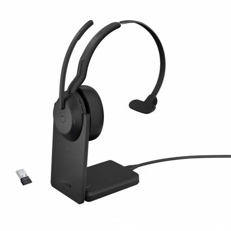 Jabra Evolve2 55 MS Mono - Headset - on-ear - Bluetooth - wireless - active noise cancelling - USB-C via Bluetooth adapter - black - with charging stand - Zoom Certified, Cisco Webex Certified, Tencent Meeting Certified, Alcatel-Lucent Certified, Avaya Certified, Unify Certified, MFi Certified, Google Meet Certified, Amazon Chime Certified - 0
