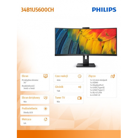 Philips 34B1U5600CH - 5000 Series - LED monitor - curved - 34" - 3440 x 1440 WQHD @ 120 Hz - VA - 350 cd / m² - 3000:1 - 4 ms - HDMI, DisplayPort, USB-C - speakers - textured black - 7