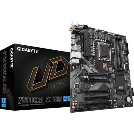 Gigabyte B760 DS3H AX DDR4 - 1.X - motherboard - ATX - LGA1700 Socket - B760 Chipset - USB 3.2 Gen 1, USB 3.2 Gen 2, USB-C 3.2 Gen 2x2 - Gigabit LAN, Wi-Fi - onboard graphics (CPU required) - HD Audio (8-channel) - 4