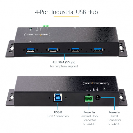 StarTech.com 4-Port Industrial USB 3.0 5Gbps Hub, Rugged USB Hub w / 15kV Air / 8kV Contact ESD and Surge Protection, DIN / Wall / Desk Mountable USB-A Hub, USB Expansion Hub with Locking Ports - Metal Construction (5G4AINDNP-USB-A-HUB) - Hub - industrial - 4 x USB 3.2 Gen 1 - desktop, DIN rail mountable, wall-mountable - 8