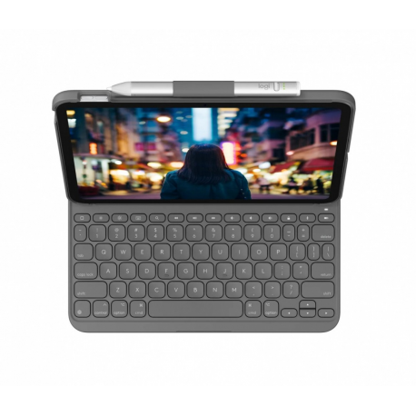 Logitech Slim Folio - Keyboard and folio case - wireless - Bluetooth LE - QWERTY - US International - oxford grey - 1