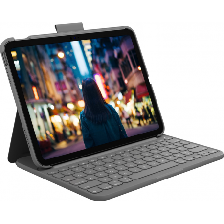 Logitech Slim Folio - Keyboard and folio case - wireless - Bluetooth LE - QWERTY - English - oxford grey - 1