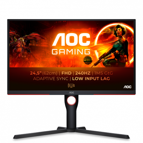AOC Gaming 25G3ZM / BK - G3 Series - LED monitor - gaming - 25" (24.5" viewable) - 1920 x 1080 Full HD (1080p) @ 240 Hz - VA - 300 cd / m² - 3000:1 - 0.5 ms - 2xHDMI, DisplayPort - black, red - 24